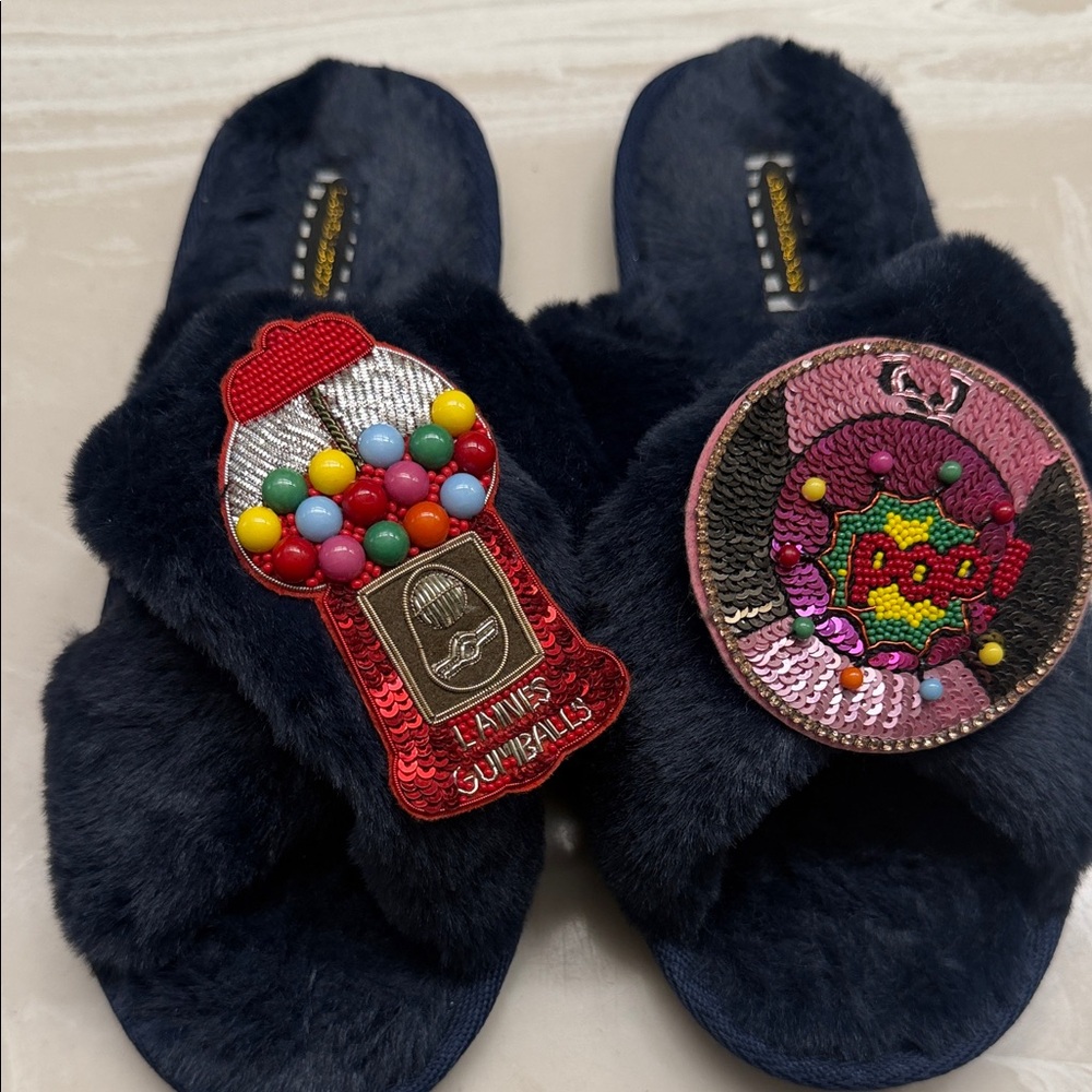 Laines London Navy Slippers with Fun Patches‎ !! &@